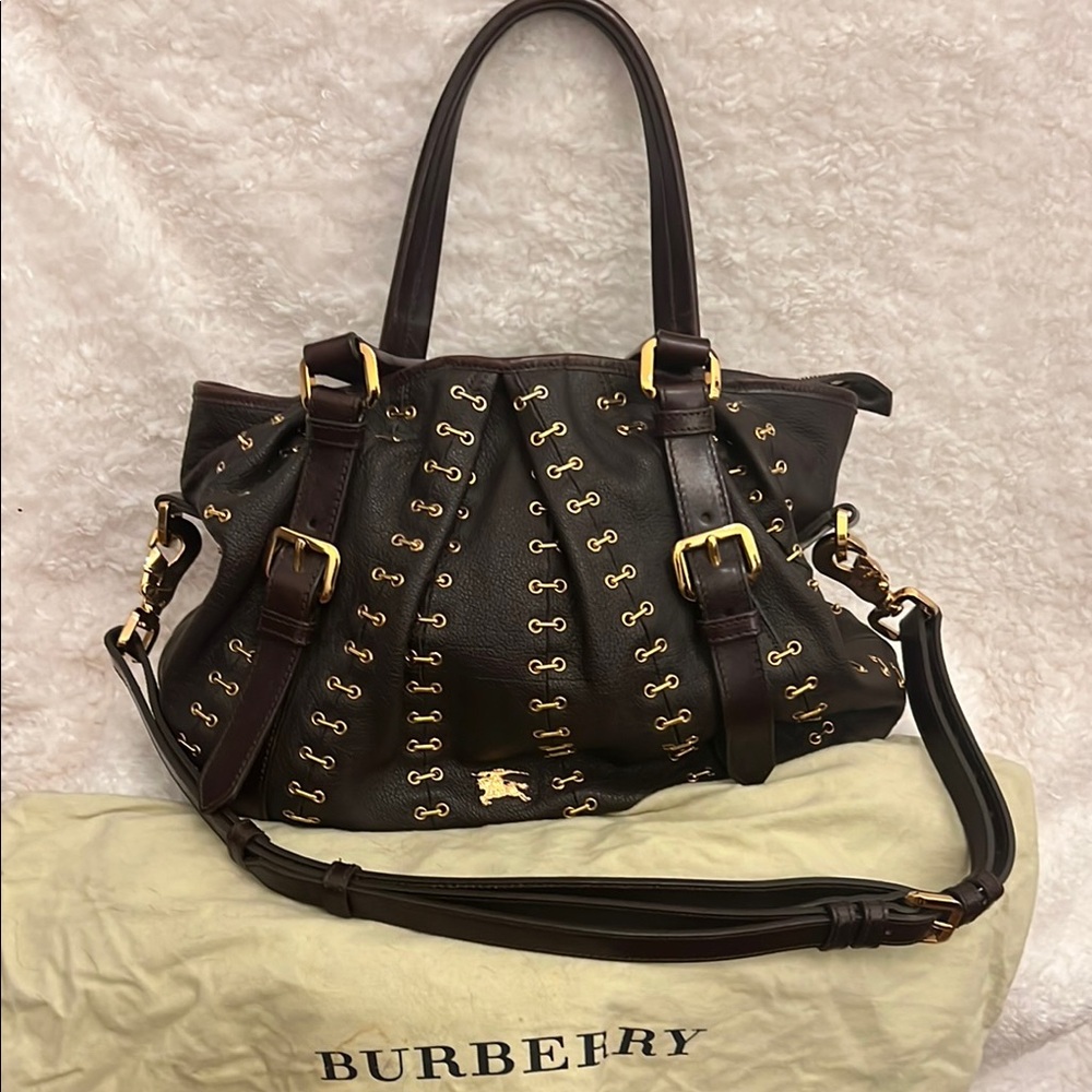 Vintage Burberry Dark Chocolate Leather Lowry Tote Shoulder Bag